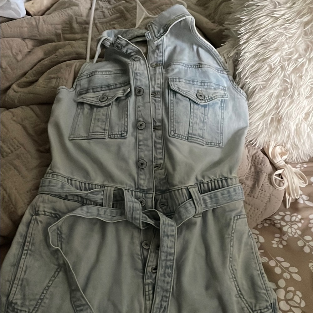 American Eagle Outfitters Blue Denim Jumpsuit with Adjustable Straps